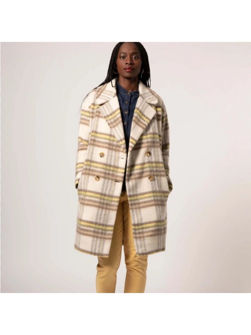 Plaid Wool-Blend Double-Breasted Coat - Cream & Yellow